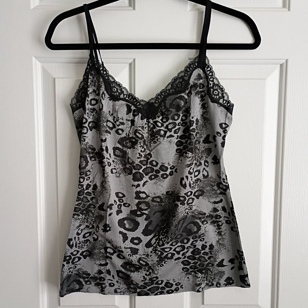EXPRESS Top Gray & Black Animal Print Lace Cami Spaghetti Straps Size M